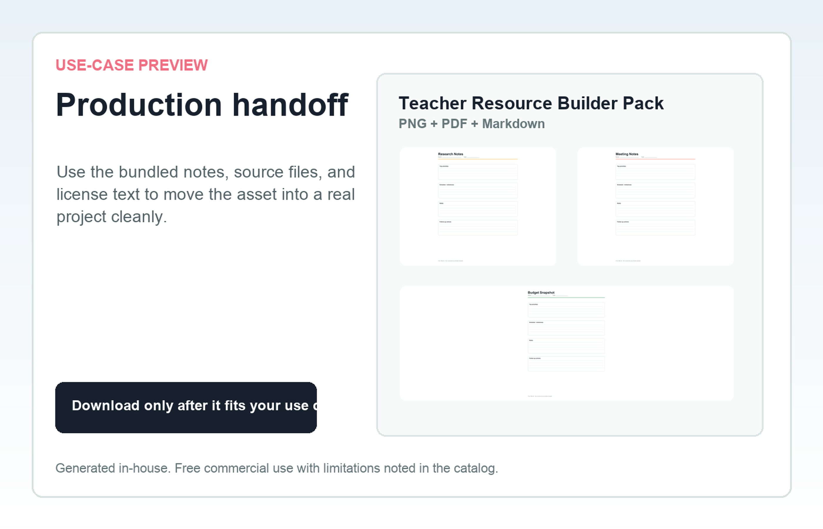 Teacher Resource Builder Pack Production handoff use-case preview