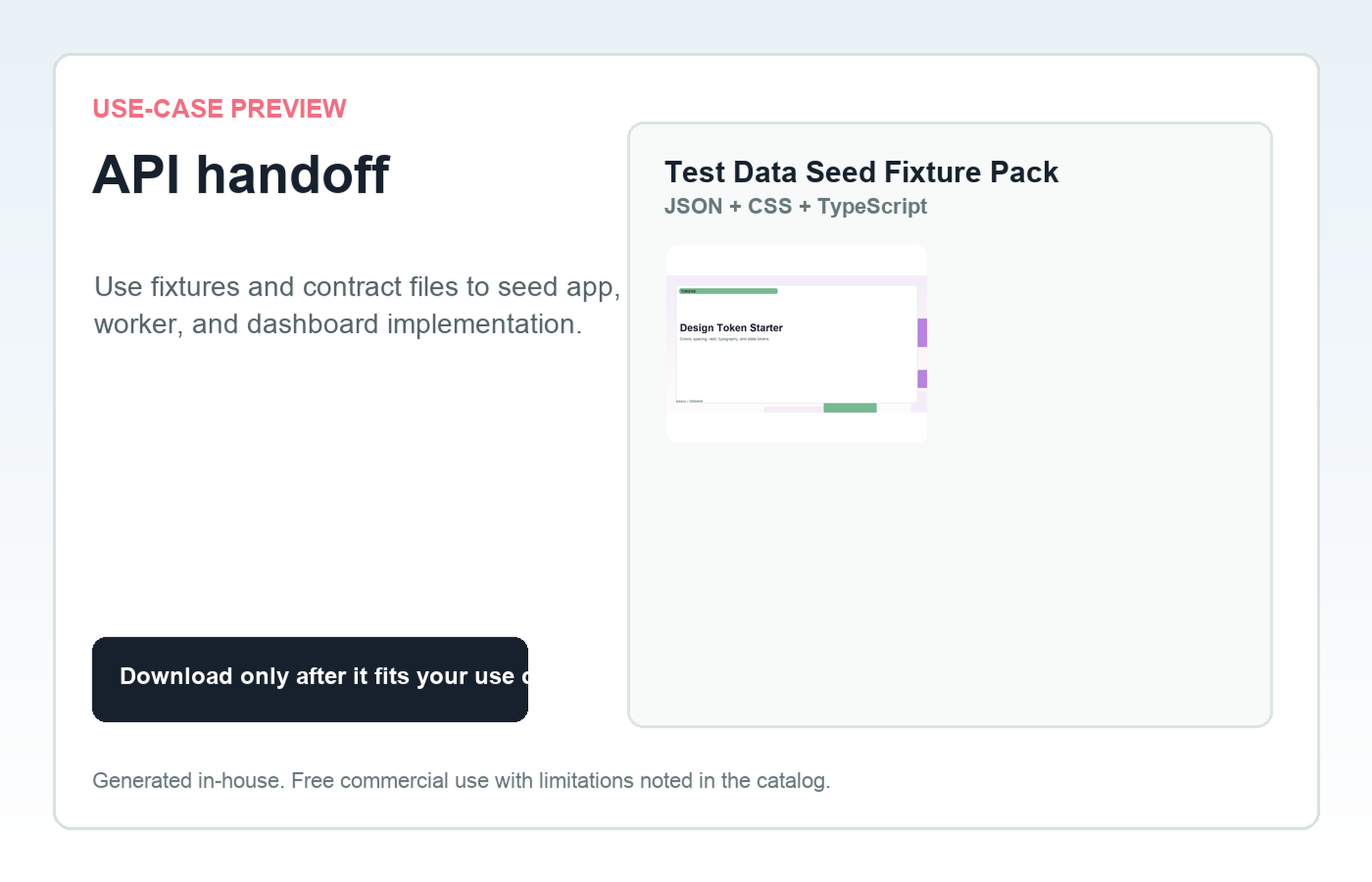 Test Data Seed Fixture Pack API handoff use-case preview