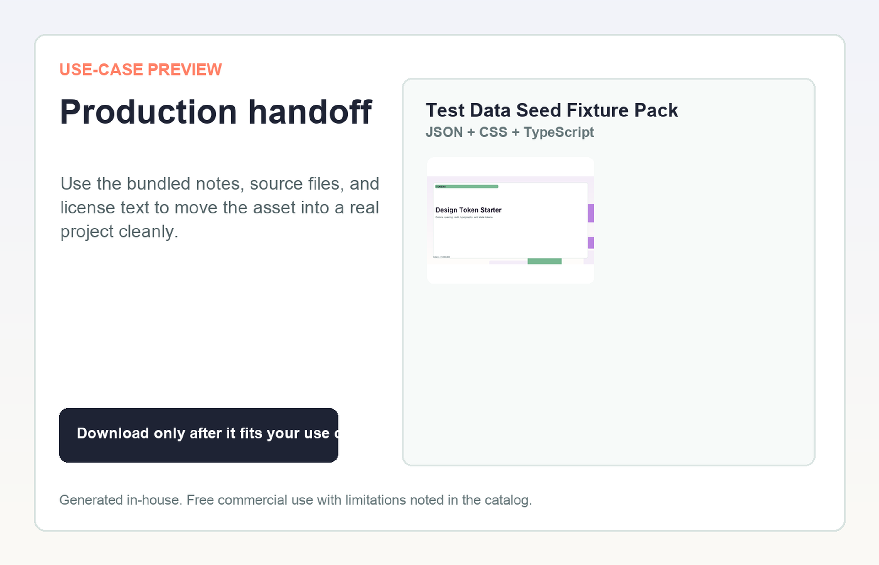 Test Data Seed Fixture Pack Production handoff use-case preview