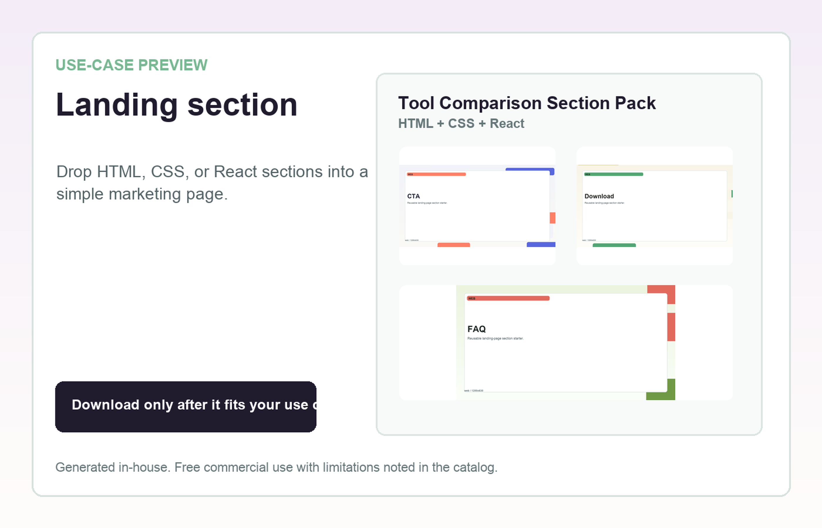 Tool Comparison Section Pack Landing section use-case preview