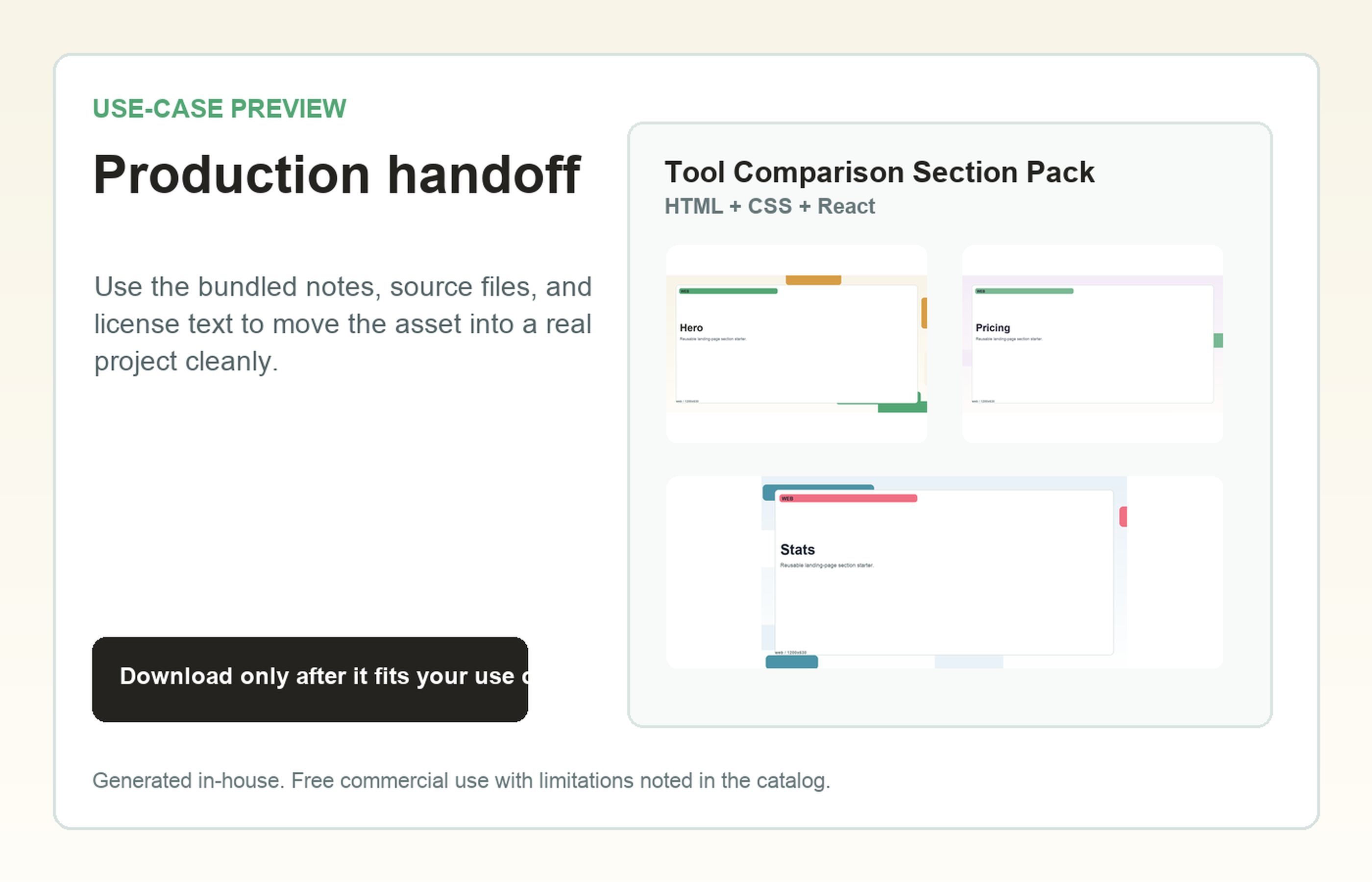 Tool Comparison Section Pack Production handoff use-case preview