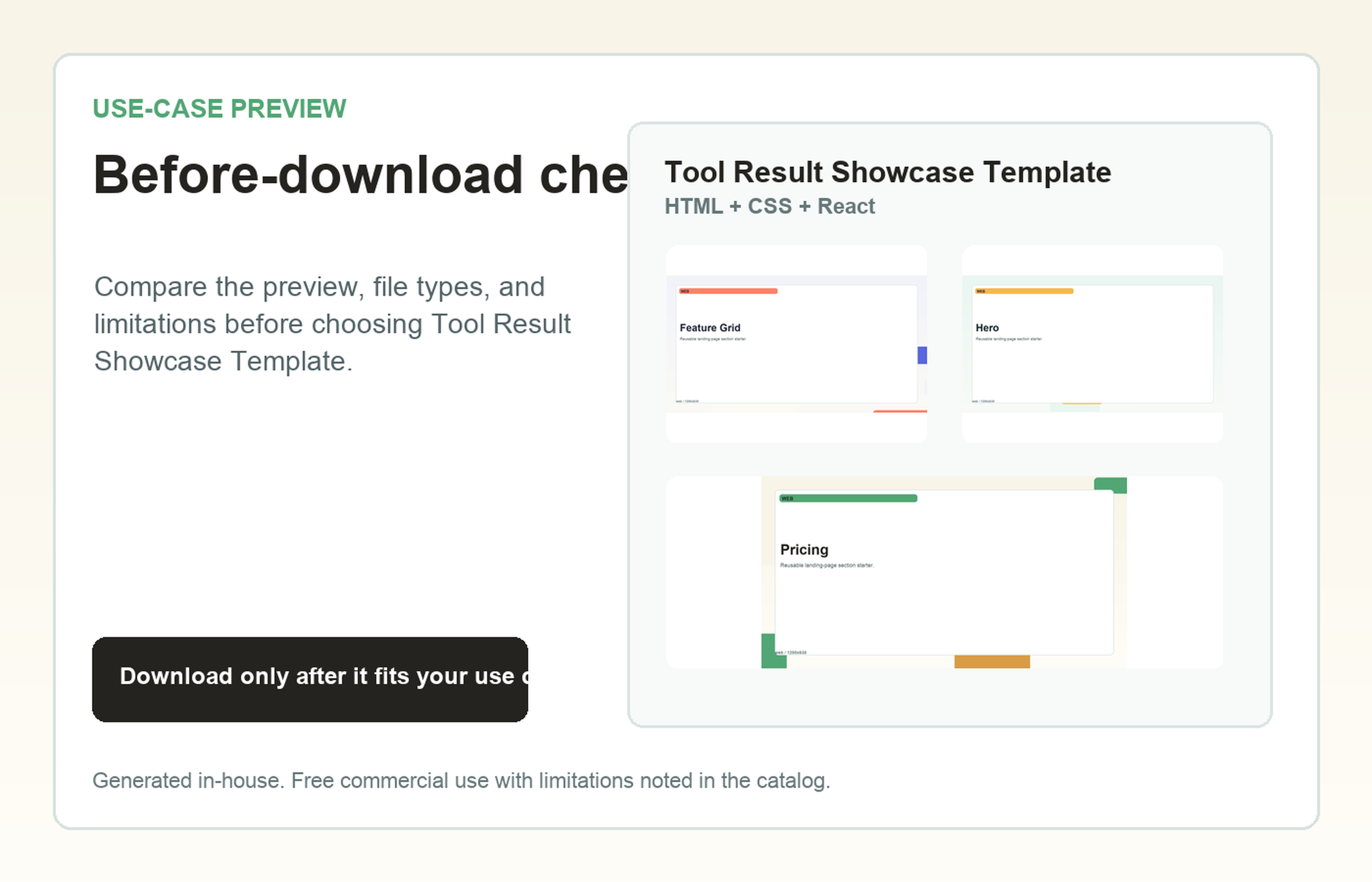 Tool Result Showcase Template Before-download check use-case preview