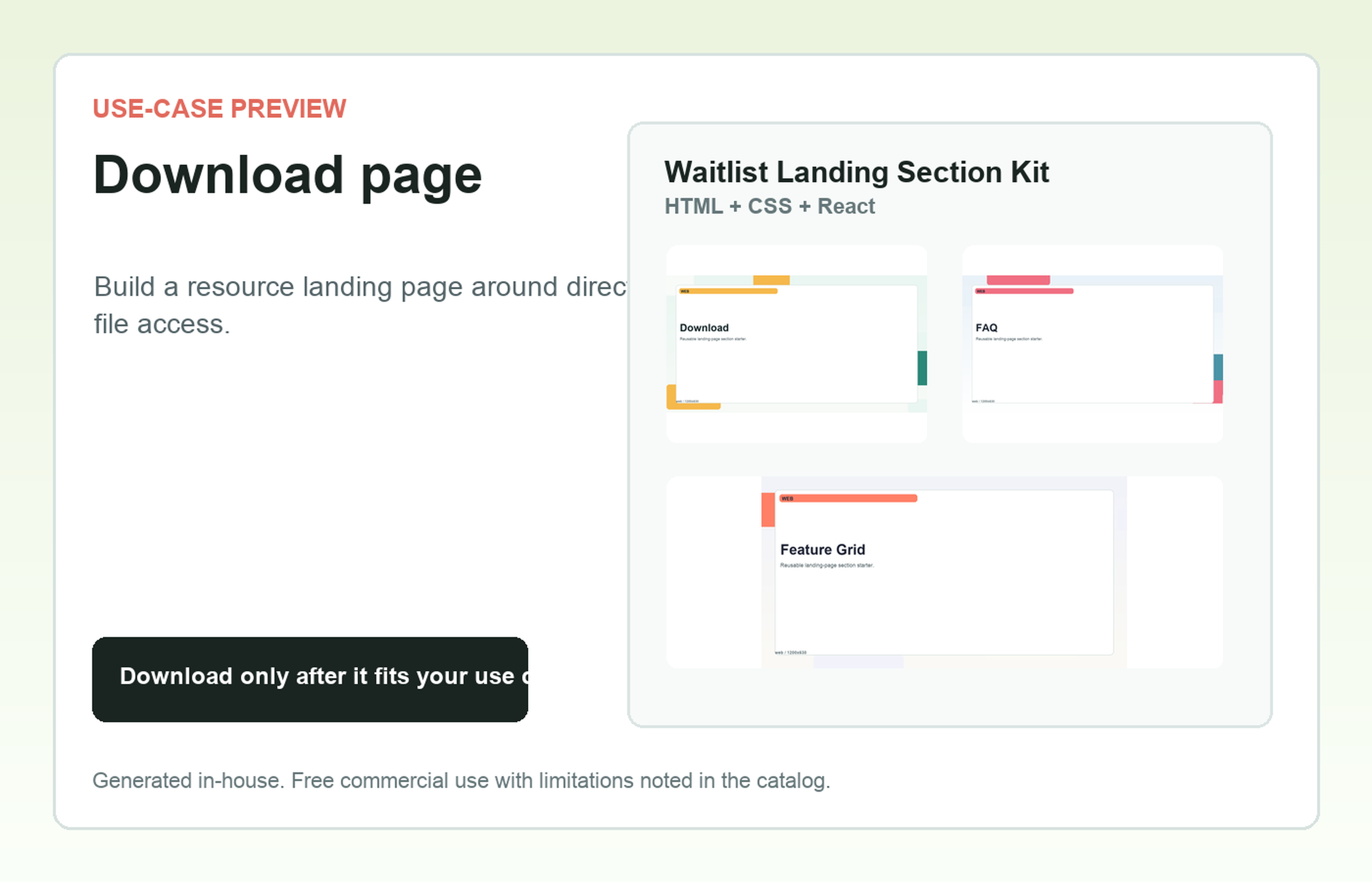 Waitlist Landing Section Kit Download page use-case preview