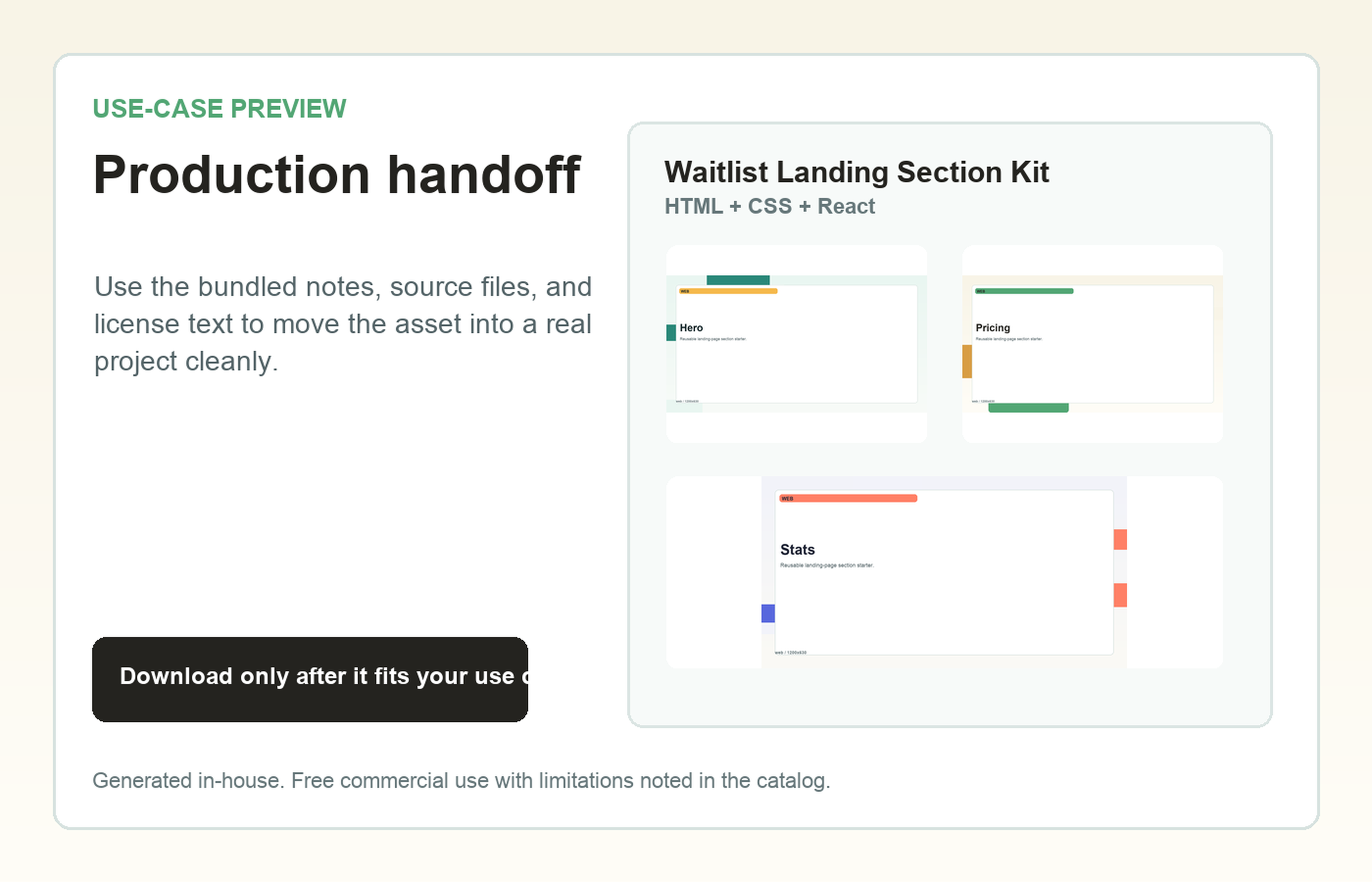 Waitlist Landing Section Kit Production handoff use-case preview