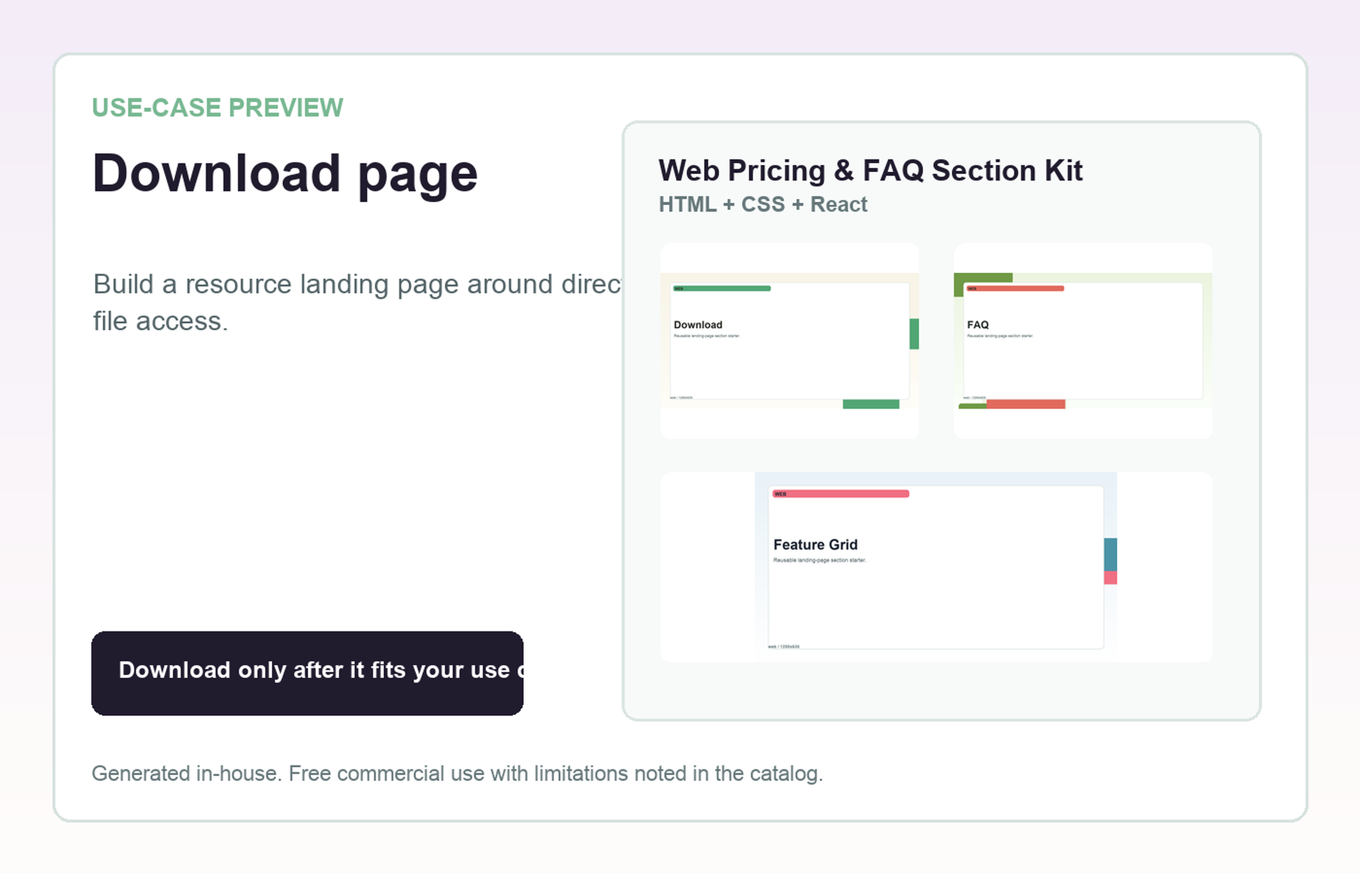 Web Pricing & FAQ Section Kit Download page use-case preview