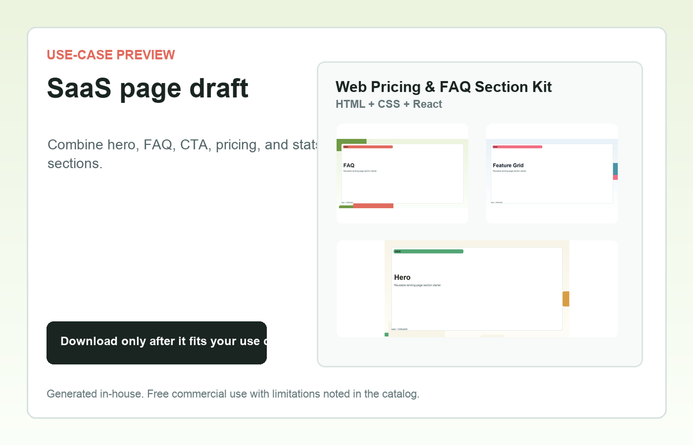 Web Pricing & FAQ Section Kit SaaS page draft use-case preview