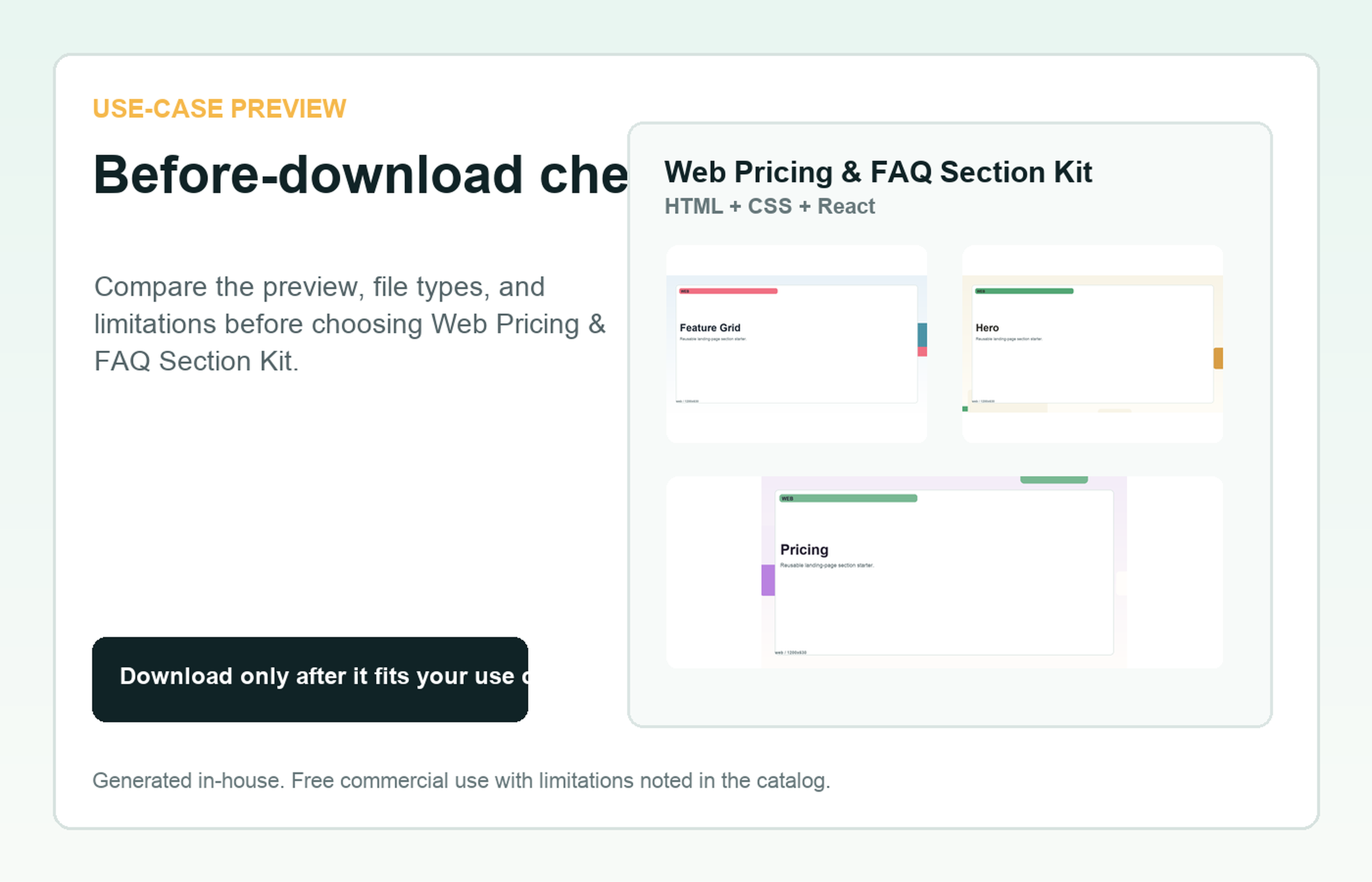 Web Pricing & FAQ Section Kit Before-download check use-case preview