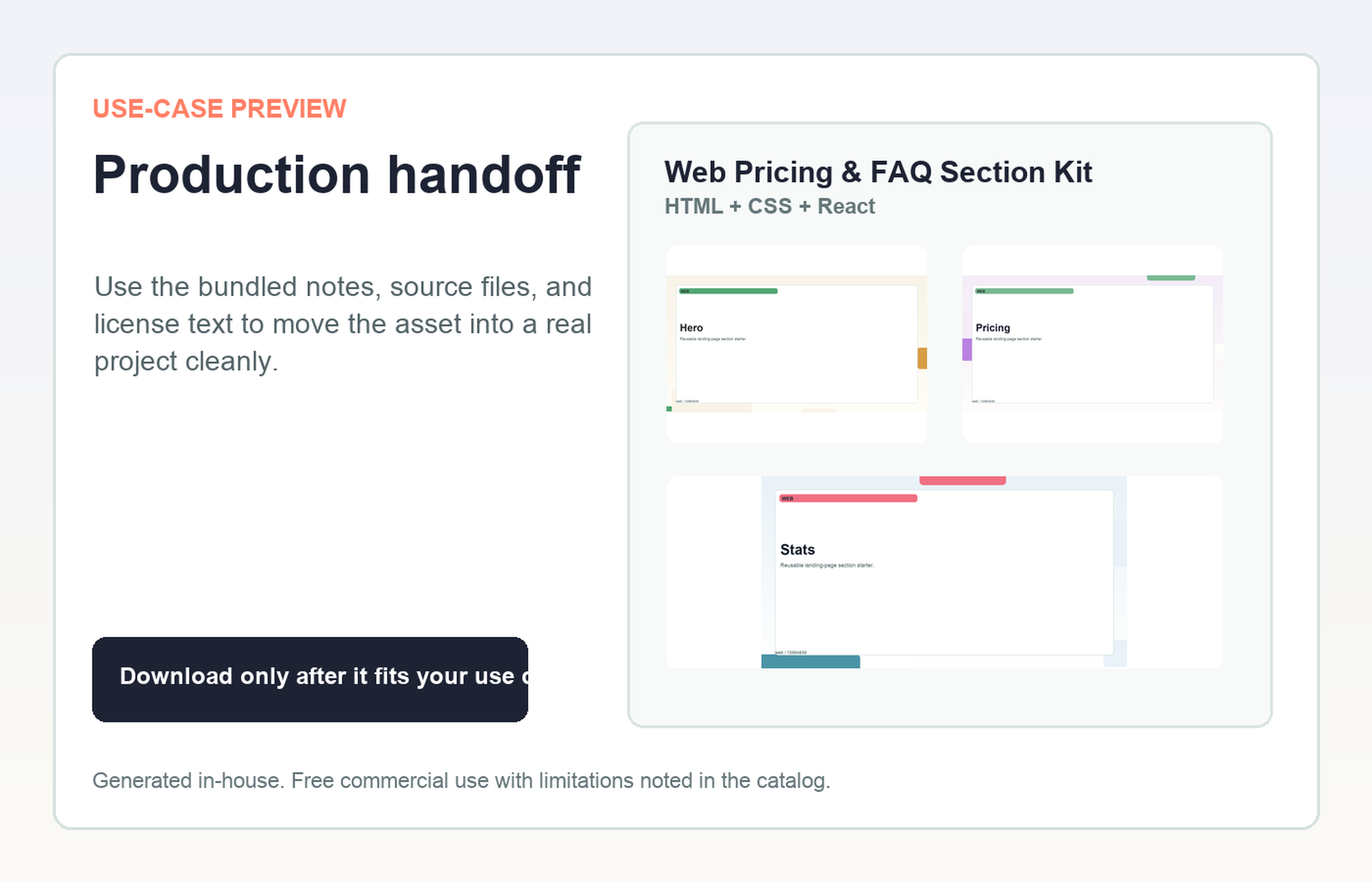 Web Pricing & FAQ Section Kit Production handoff use-case preview